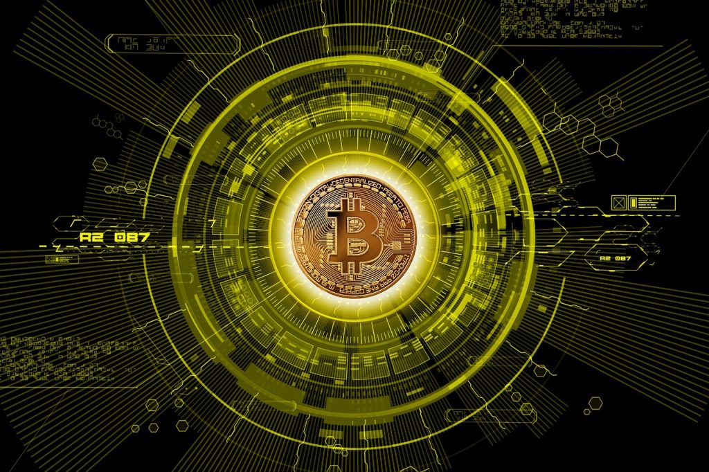 Bitcoin symbol in the center of a digital network interface.